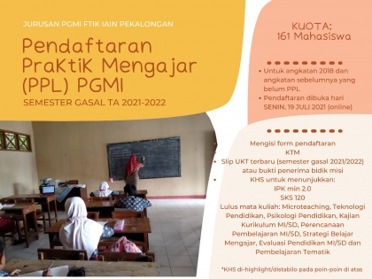 Pendaftaran Praktik Mengajar Jurusan PGMI  Semester Gasal TA 2021/2022
